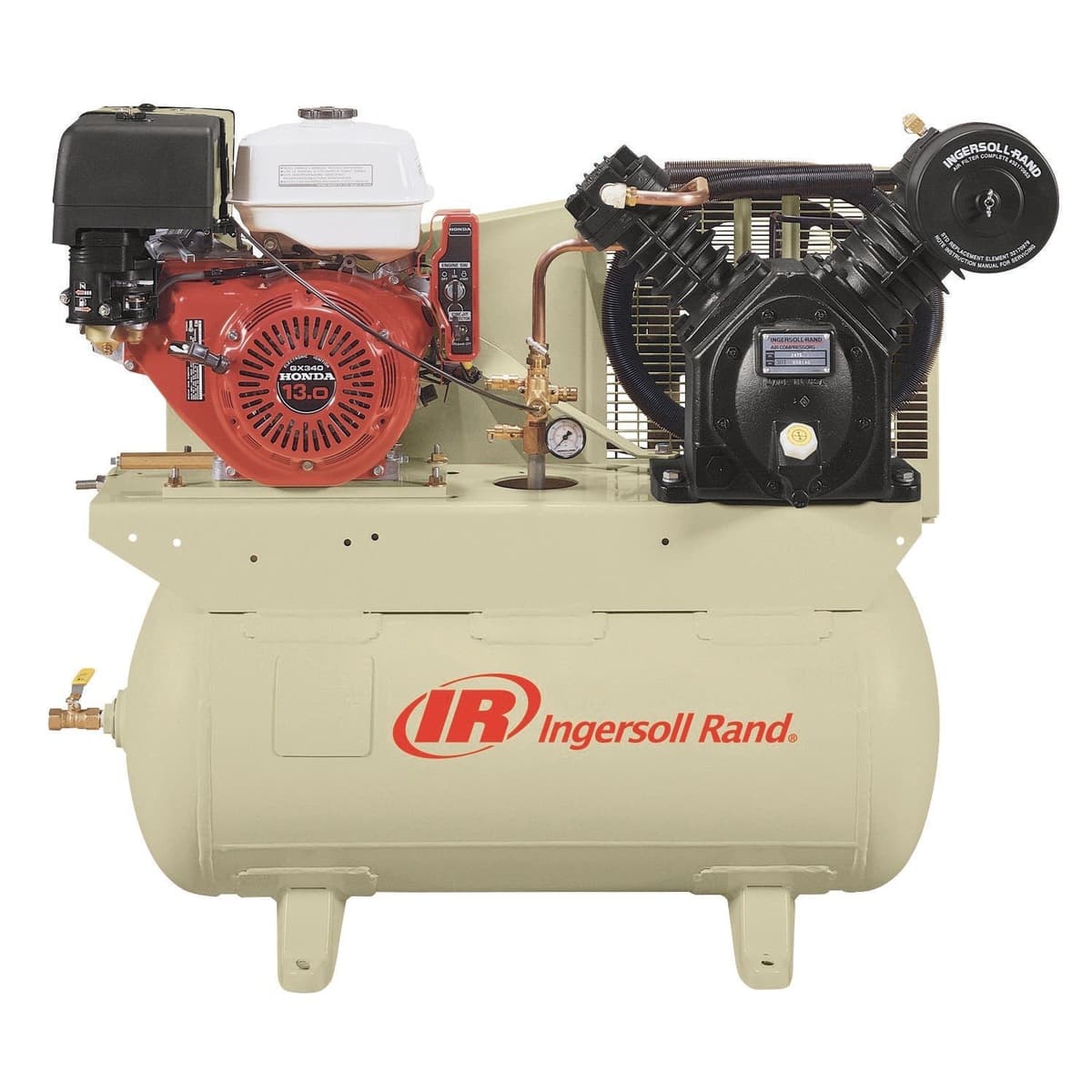 Two-stage, gas-driven air compressor from Ingersoll Rand, ideal for remote applications and fleet service, with 13 HP Honda engine