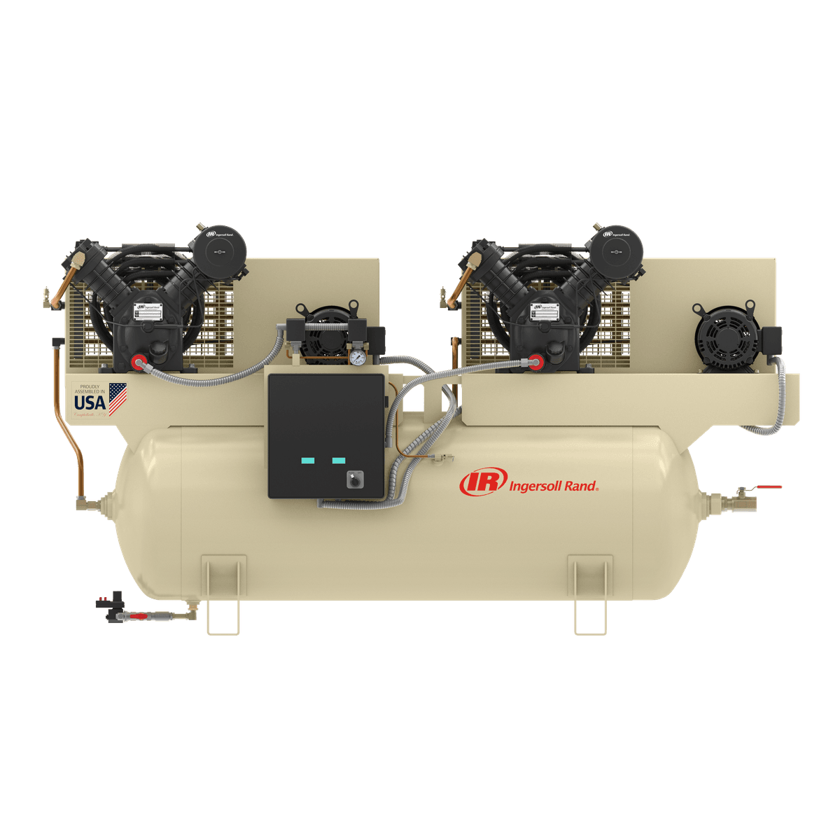 Ingersoll Rand duplex 10 HP reciprocating air compressor, two individual compressors on a single tank for high reliability and backup power
