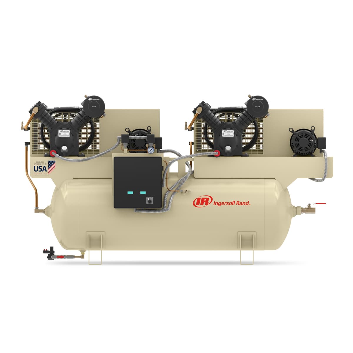 Ingersoll Rand duplex reciprocating air compressor, dual pumps and motors for backup air power and demanding shop environments